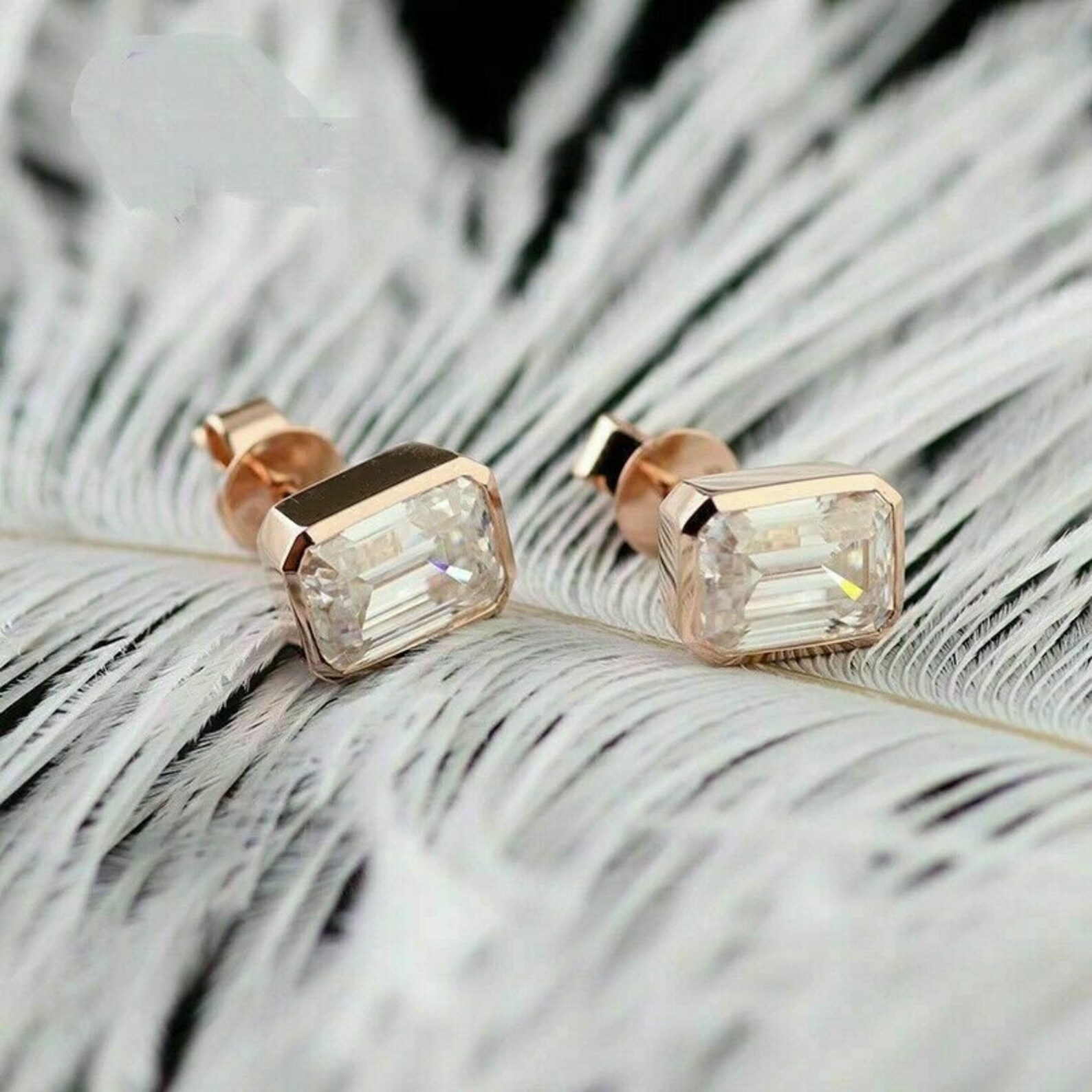 4Ct Emerald Cut Diamond Bezel Set Solitaire Stud Earrings 14K | Etsy