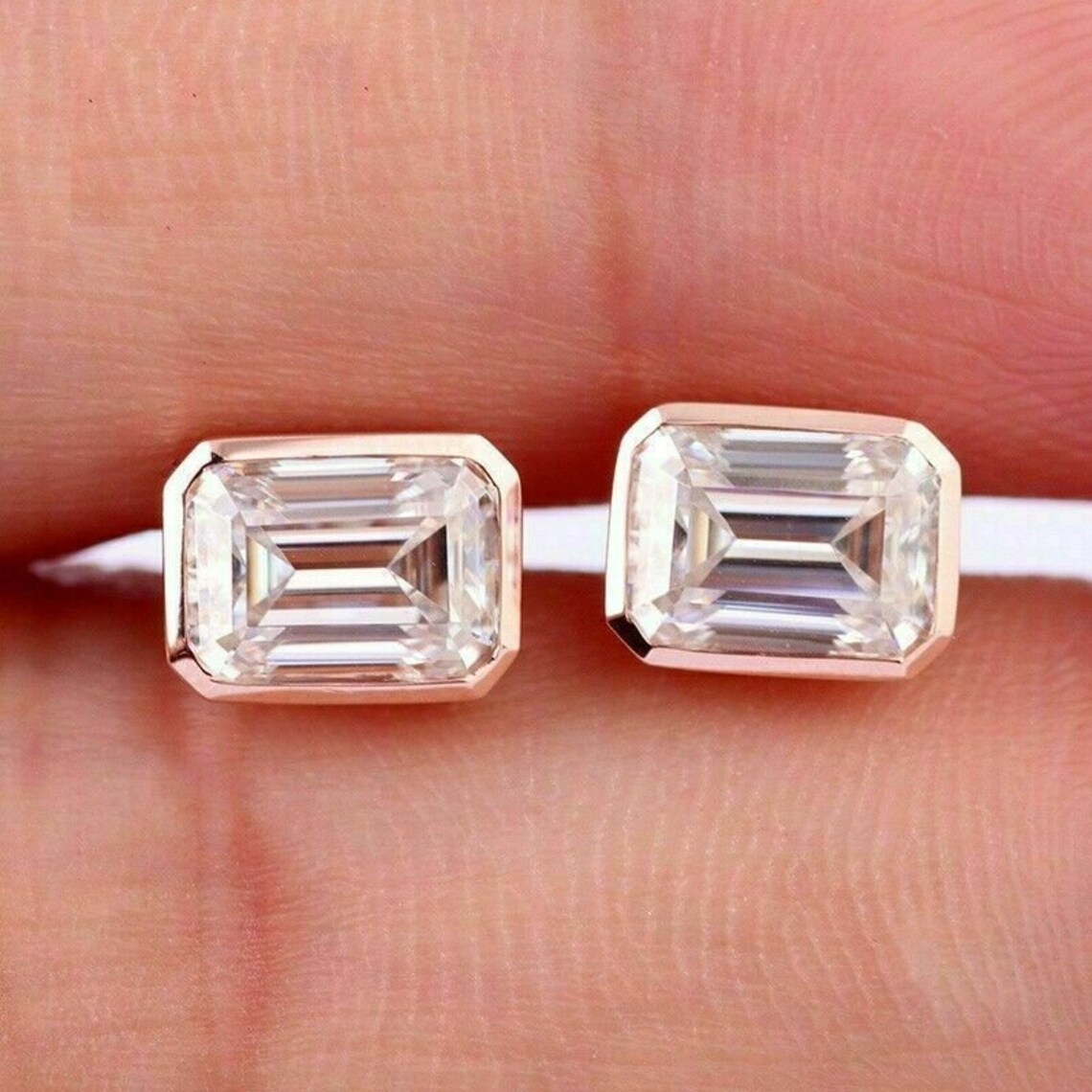 4Ct Emerald Cut Diamond Bezel Set Solitaire Stud Earrings 14K Etsy