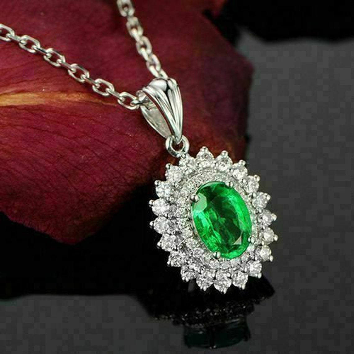 2.30Ct Oval Cut Green Emerald Halo Pendant 14K White Gold | Etsy