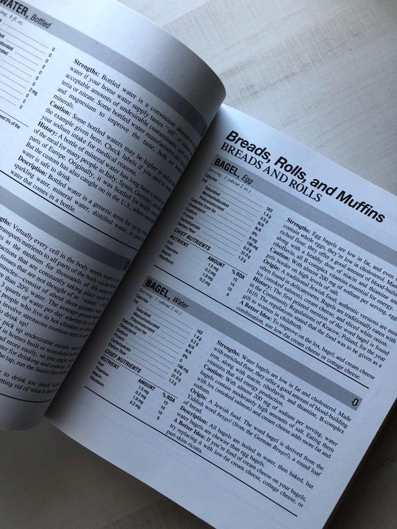 May include: A page from a cookbook with nutritional information for bagels, including egg bagels and water bagels. The page includes a description of the history and origin of bagels, as well as tips for making healthier choices.