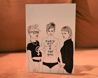 Illustrated postcard "Every girl is a Riot Grrrl" Le Castor Magazine // Feminist Gift, greeting card, message card, postcard