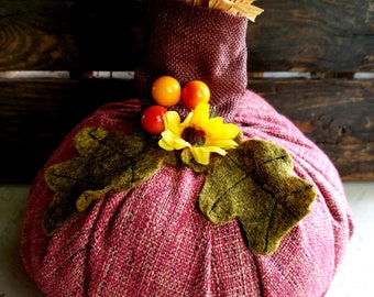 Plush/Autumn//Pumpkin/Fall decor/Burgundy/Tweed fabric/Brown burlap/raffia stem/felt leaves/bittersweet berries/sunflower/wreathing/crafting