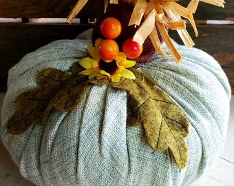 Plush/Autumn/Pumpkin/Fall decor/Light turquoise blue/tweed fabric/brown burlap/raffia stem/felt leaves/orange and yellow berries/sunflower