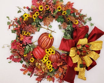 This is a beautiful Handmade Fall Wreath/Autumn Wreath/Harvest Wreath, to decorate your Fall Door/Autumn Door/Harvest Door/with pumpkins