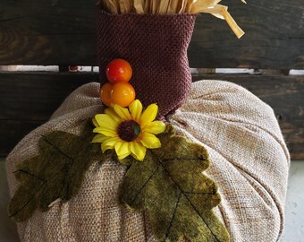 Plush/Autumn//Pumpkin/Fall decor/natural /Tweed fabric/Brown burlap/raffia stem/felt leaves/bittersweet berries/sunflower/wreathing/crafting