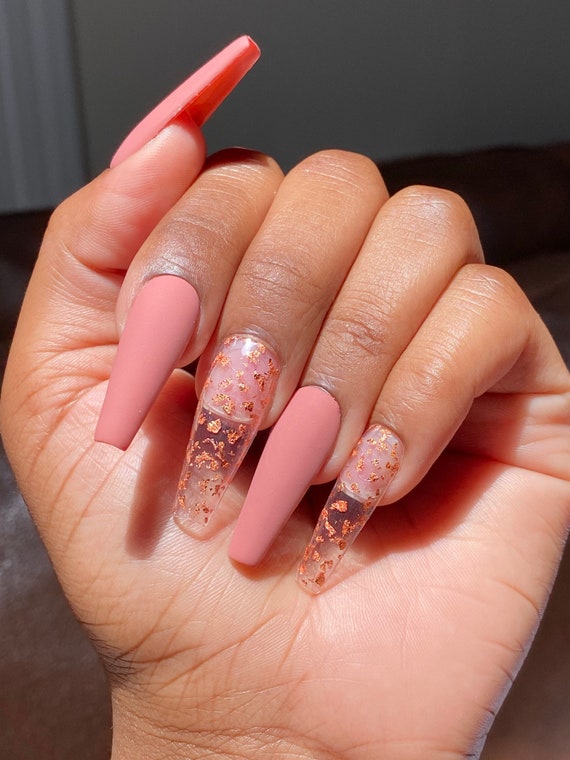 Matte Mauve Press on Nails With Rose Gold Foil Flakes Press-on Nails  Handmade Nails Long Coffin Nails 