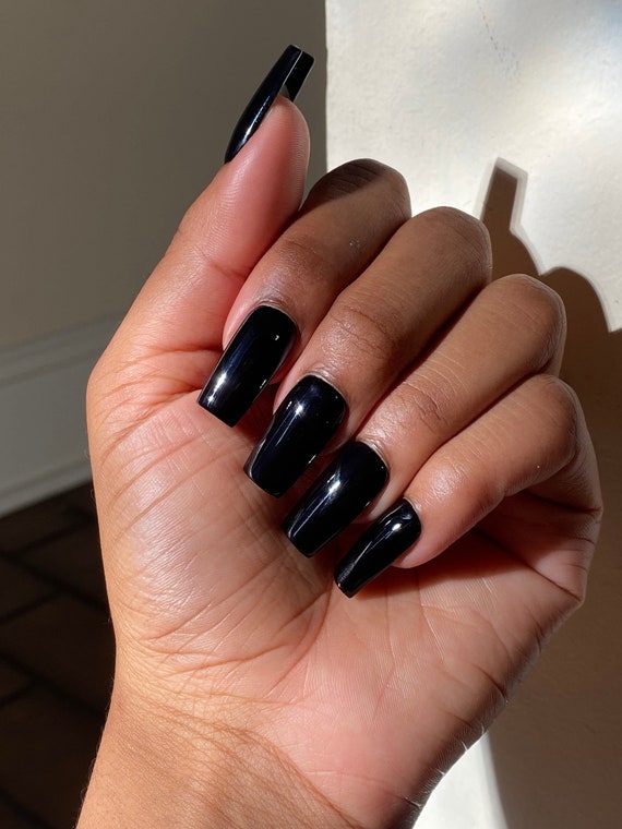 Black Sheer, Matte Black Press on Nails With Rhinestone Gems Medium Coffin  Press on Nails 