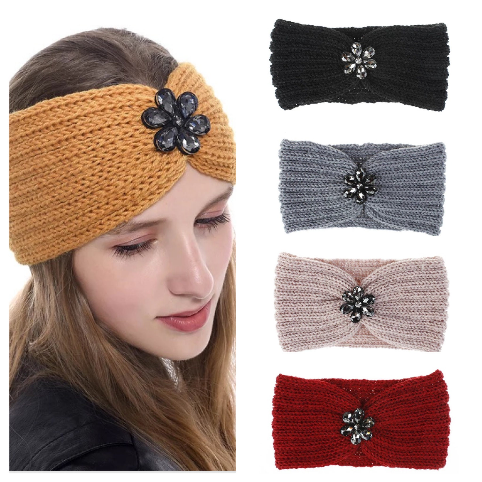 Knitted Ear Warmer With Rhinestone, Knitted Headband, Ear Warmer