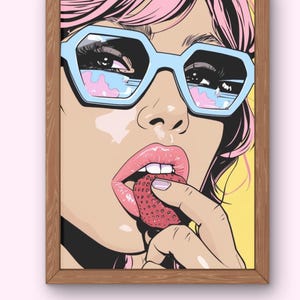 Retro Mädchen essen Erdbeeren digitaler Download, Erdbeere Poster, druckbare Wandkunst, Kunstdekor, Hauptdekoration, sofortiger Download Poster