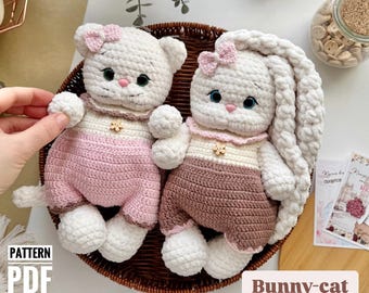 Crochet Bunny Cat Pattern Amigurumi, Crochet Tutorial bunny, Crochet Pattern Animals, Cute crochet bunny cat