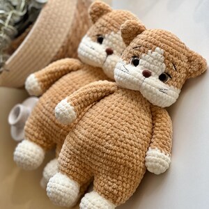 Pu&ograve; includere: Due bambole a forma di gatto all'uncinetto fatte a mano. Le bambole sono color beige con dettagli bianchi sul viso, sulle zampe e sui piedi. Gli occhi sono neri e il naso &egrave; marrone. Le bambole sono morbide e soffici.