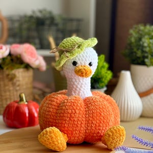 May include: A handmade crochet goose with a white head, orange beak, and a green hat. The goose is attached to an orange pumpkin body. Two small orange crochet pumpkins are on a wooden surface. The background includes plants and decorative items.
