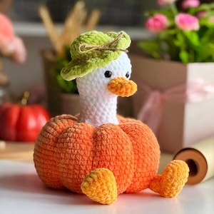 May include: A handmade crochet duck wearing a green hat, with an orange beak and feet, and a pumpkin-shaped body. The duck is white, and the pumpkin is a vibrant orange. The craft is likely for fall or Halloween decor.