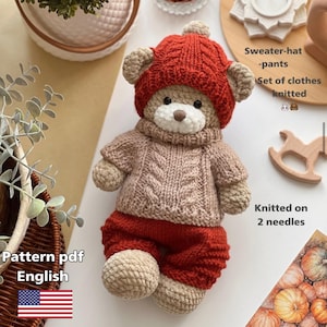 Set of knitted clothes for dolls and amigurumi toys. Clothes for toy knitting scheme, Knitting doll clothes scheme, PDF - pattern in English