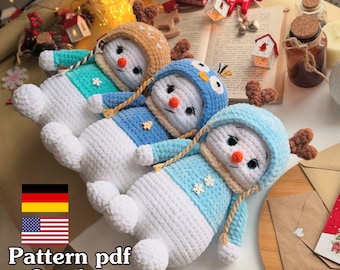 Snowman and 4 hats Crochet Pattern for Christmas, Snowman Amigurumi, Christmas Crochet Pattern, Crochet Pattern In English and German