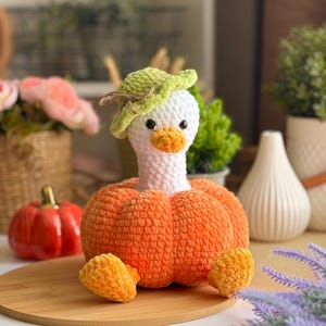 May include: A handmade crochet duck wearing a green hat, with an orange pumpkin body and feet. The duck has a white head, orange beak, and black eyes. The duck is sitting on a wooden surface.