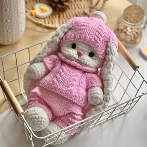 May include: A handmade, pink and white knitted bunny doll wearing a matching hat and outfit. The bunny is in a white wire basket with wooden handles. The doll has long white ears and a pink nose.