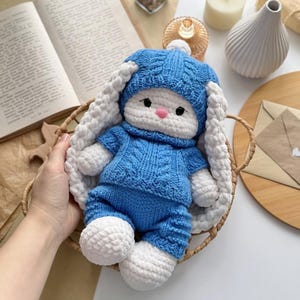 May include: A handmade crochet bunny doll in a blue sweater and pants set, with a matching hat. The bunny has white ears and feet, a pink nose, and black eyes. The doll is in a woven basket.