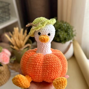 May include: A handmade crochet goose doll with a white head, orange beak, and a green leaf hat. The goose is seated in an orange pumpkin body with orange feet. A whimsical, soft toy for children or home decor.