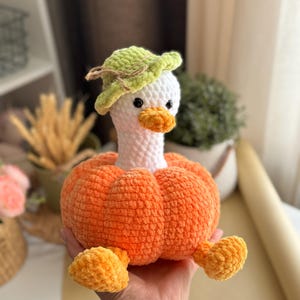 May include: A handmade plush goose with a white head, orange beak, and a green hat. The goose's body is orange and shaped like a pumpkin. The plush toy is held in a person's hand.
