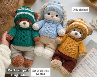 Knitted Doll Clothes Pattern Set (Sweater, Hat, Pants) (PDF English)