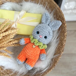 May include: A gray crocheted bunny wearing an orange crocheted outfit with a green and yellow crocheted collar. The bunny is sitting in a woven basket.