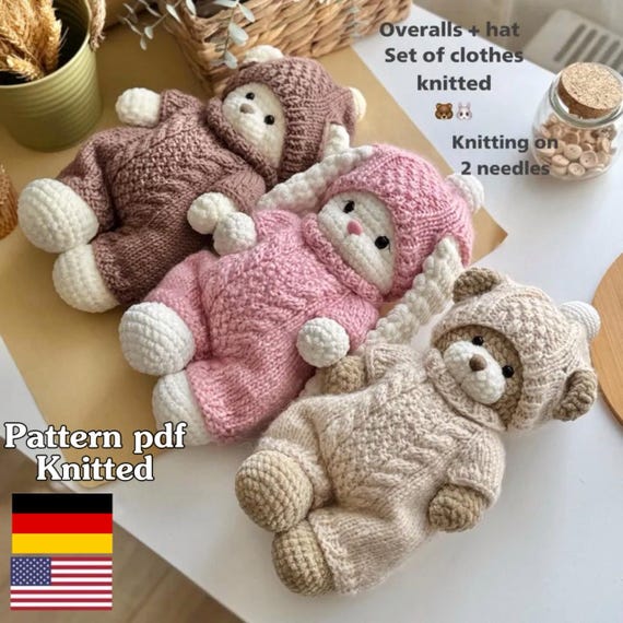 Set of knitted clothes for dolls and amigurumi toys. Dress for toy knitting scheme, PDF - pattern in English and German