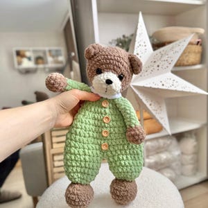 May include: A crocheted brown bear wearing a green jumpsuit with brown buttons. The bear has a white face with black eyes and a black nose.