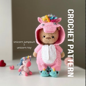 Crochet PATTERN rainbow unicorn jumpsuit for doll bear with amigurumi unicorn toy, crochet clothes for doll, tutorial ENGLISH pdf