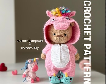 Crochet PATTERN rainbow unicorn jumpsuit for doll bear with amigurumi unicorn toy, crochet clothes for doll, tutorial ENGLISH pdf