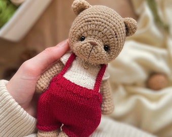 CROCHET PATTERN Christmas bear in knitted clothes for bear on English,PDF  tutorial stuffed amigurumi crochet toy, easy pattern for beginners