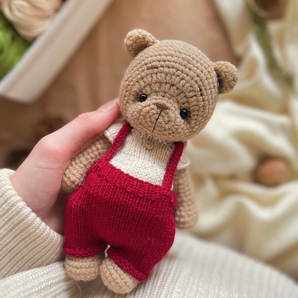 CROCHET PATTERN Christmas bear in knitted clothes for bear on English,PDF tutorial stuffed amigurumi crochet toy, easy pattern for beginners