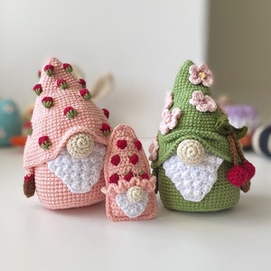 Crochet PATTERNS summer Gnome strawberry, keychain, with flowers daisy, Cherry, Crochet Birthday amigurumi pattern on ENGLISH