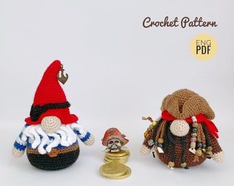 Gnome Pirate Crochet Pattern, Amigurumi Toys Tutorial, Funny Dwarf, English Pattern PDF.