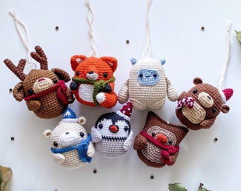 Crochet PATTERN Christmas decorations ornaments 6in1 Amigurumi toys: owl, bear with candy, reindeer, monster, penguin, fox, pdf keychains