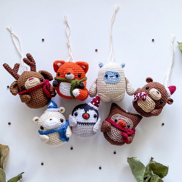 Crochet PATTERN Christmas decorations ornaments 6in1 Amigurumi toys: owl, bear with candy, reindeer, monster, penguin, fox, pdf keychains