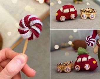 4in1 Crochet Christmas car, wagon, candy cane, tree, PATTERN for amigurumi crochet toy for decoration, tutorial ENGLISH pdf