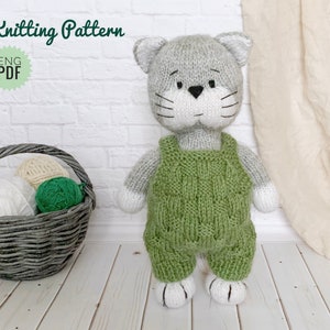 Cat Knitting Pattern, DIY Stuffed Animal,Cat in Overall,  Gift for Kids, New Year's gift, Soft Toy Tutorial PDF