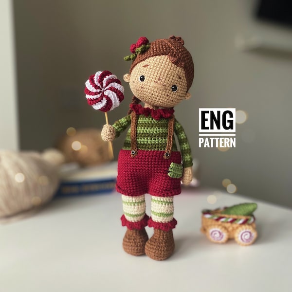 Christmas doll Alice PATTERN with car, tree, candy Kay, crochet Christmas elves, easy crochet pattern in ENGLISH pdf