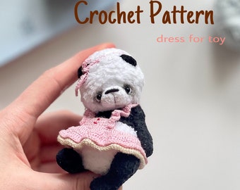 Crochet dress PATTERN for doll and miniature toys panda, crochet clothes for toy amigurumi, crochet bow, crochet outfit tutorial ENGLISH pdf