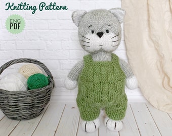 Cat Knitting Pattern, DIY Stuffed Animal,Cat in Overall,  Gift for Kids, New Year's gift, Soft Toy Tutorial PDF