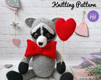 Raccoon Knitted Pattern, Stuffed Animal, Knitting Soft Toy, DIY Birthday gift, Tutorial English PDF.