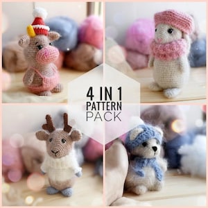 PATTERN PACK 4 in 1: Crochet deer, Crochet bull / cow,Crochet bunny, Crochet teddy bear, amigurumi pattern, crochet animals