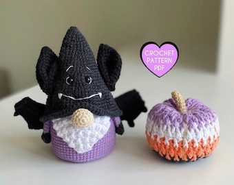 Halloween crochet bat gnome PATTERN with Amigurumi pumpkin decor,  on ENGLISH pdf, fall gnomes decoration home