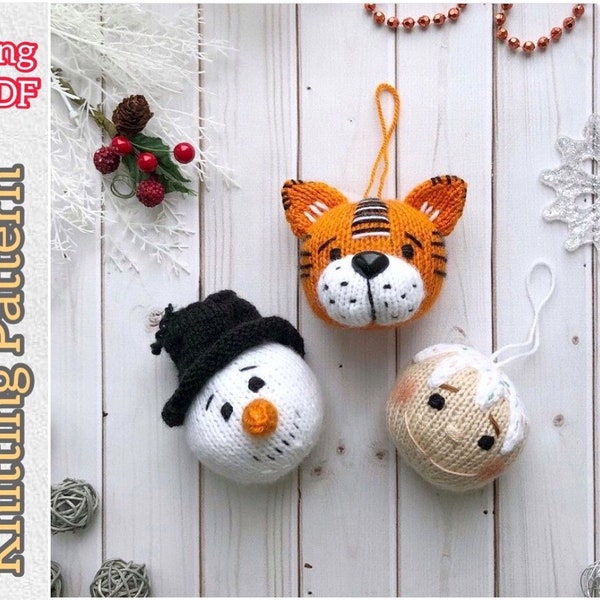 Christmas Ornament Balls Set Knitting Pattern, Knitted Tree Decor, Holiday Decorating, DIY Christmas favor, Stuffed Tiger Ball, English PDF.