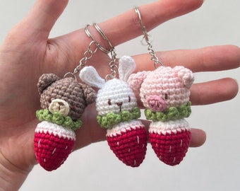 Set of 3 Strawberry crochet keychains PATTERN pdf, amigurumi keychains bunny, bear, pig, easy pattern for beginners, tutorial ENGLISH