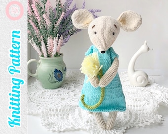 Mouse Knitting Pattern PDF, Mouse with dandelion, Flat knitting on two needles, Spring Decor.