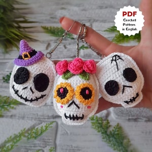 Set of crochet pattern, Crochet SKULL, Halloween keychains, Sugar skull pattern, Skellington skull
