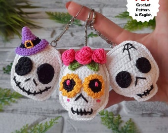 Set of crochet pattern, Crochet SKULL, Halloween keychains, Sugar skull pattern, Skellington skull