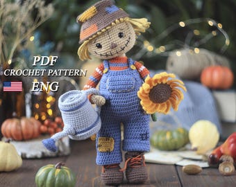 Halloween crochet scarecrow pattern with removable clothes PDF in English Halloween funny scarecrow doll Halloween decorative crochet toy
